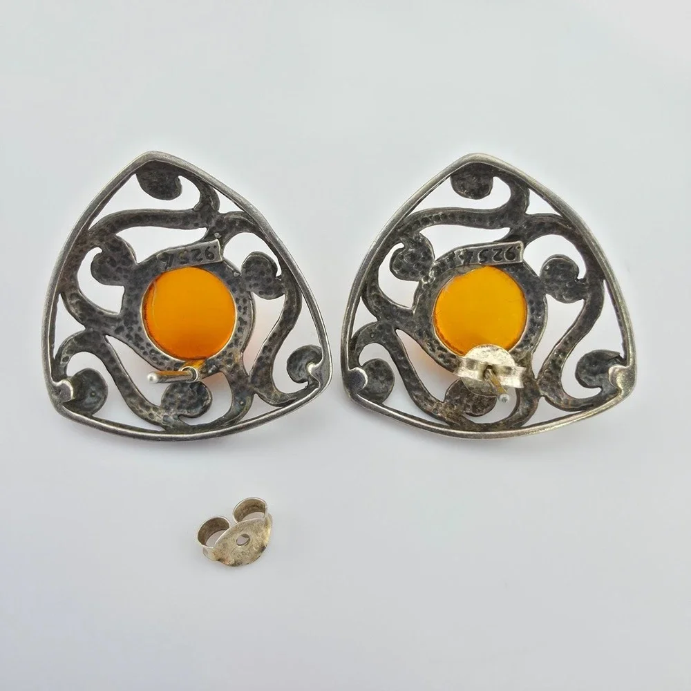 SILPADA Amber Earrings 925 Sterling Silver Post Cabochons Open Scrollwork 1